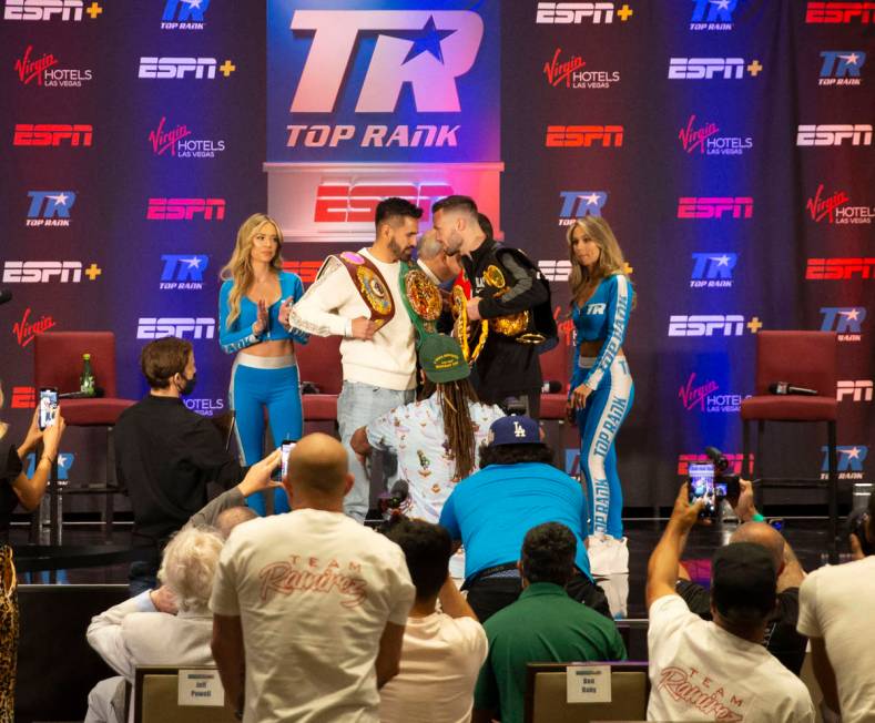 WBC and WBO junior welterweight champion Jose Ramirez, left, and WBA and IBF junior welterweigh ...