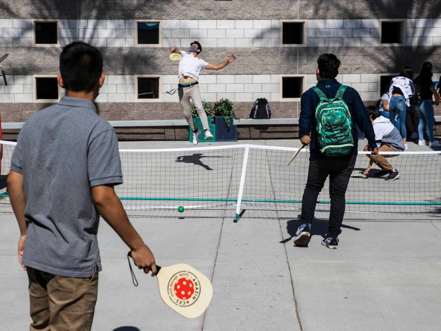 Students play pickleball at Global Community High School, on Tuesday, May, 18, 2021, in Las Veg ...