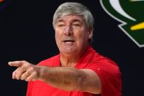Las Vegas Aces head coach Bill Laimbeer points out a play against the Connecticut Sun during th ...
