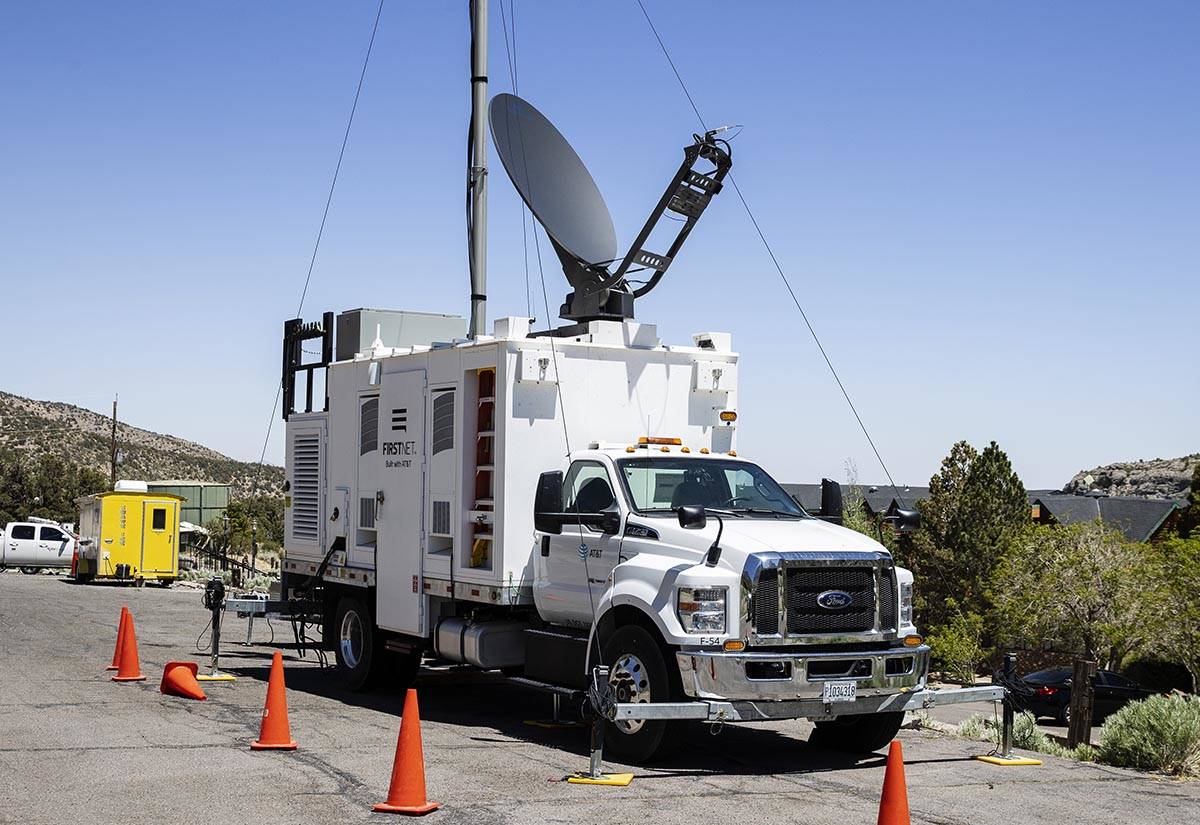 An AT&T satellite truck is parked outside of the Resort on Mount Charleston, on Thursday, May 2 ...