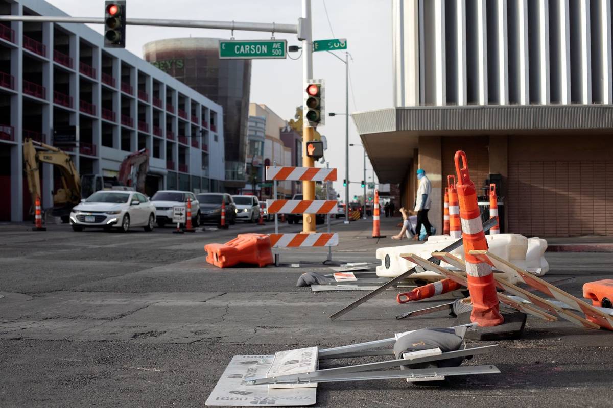 Wind knocked down construction signs on East Carson Avenue on Thursday, May 20, 2021, in Las Ve ...