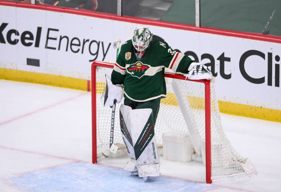 Minnesota Wild goaltender Cam Talbot looks down after allowing the go-ahead goal by Vegas Golde ...