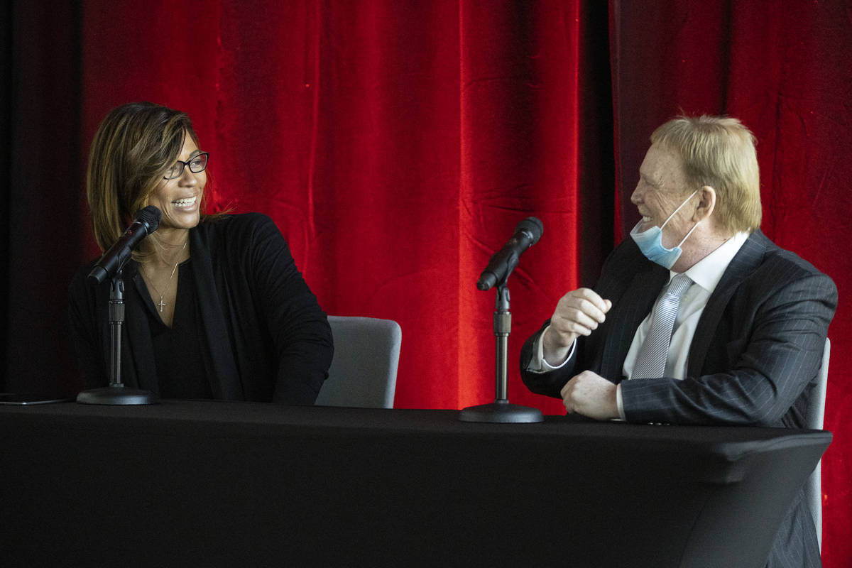 Las Vegas Aces owner Mark Davis, right, with new team president Nikki Fargas during a press con ...