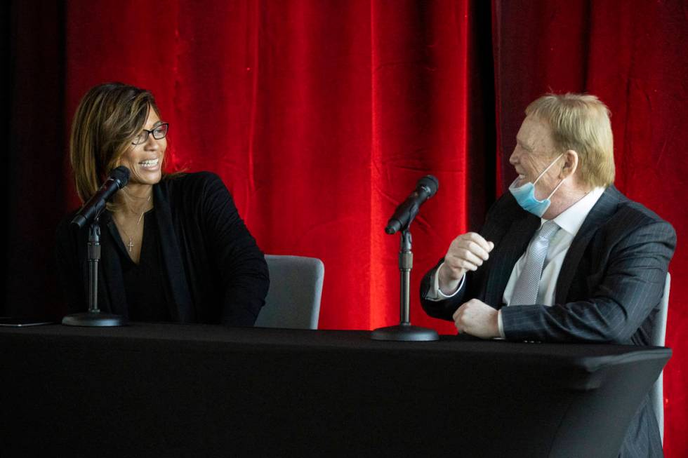 Las Vegas Aces owner Mark Davis, right, with new team president Nikki Fargas during a press con ...