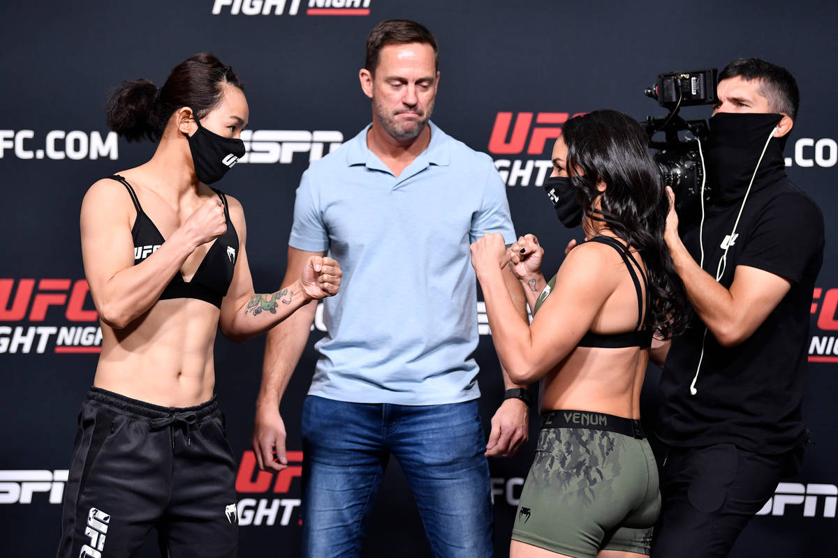 Opponents Yan Xiaonan and Carla Esparza face off during the UFC Fight Night weigh-in at UFC APE ...