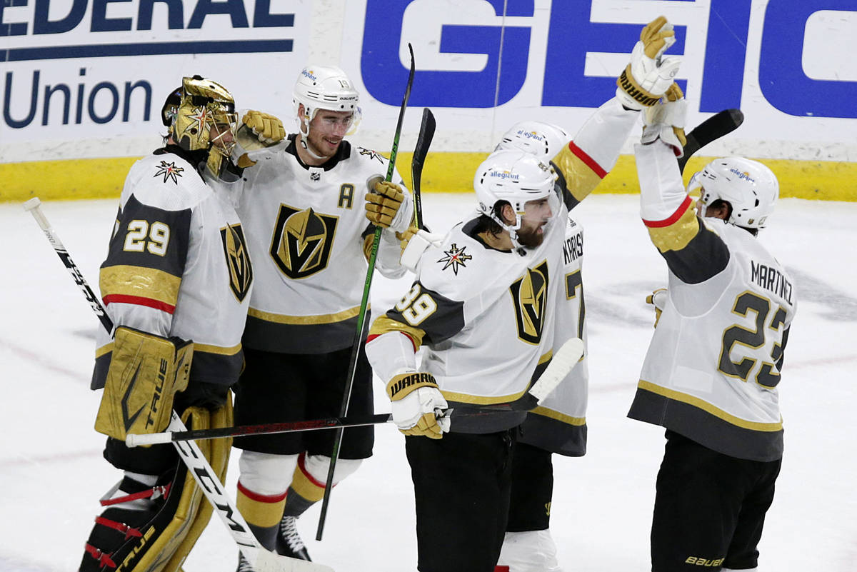 Vegas Golden Knights Vegas Golden Knights players Marc-Andre Fleury (29), Reilly Smith (19), Al ...