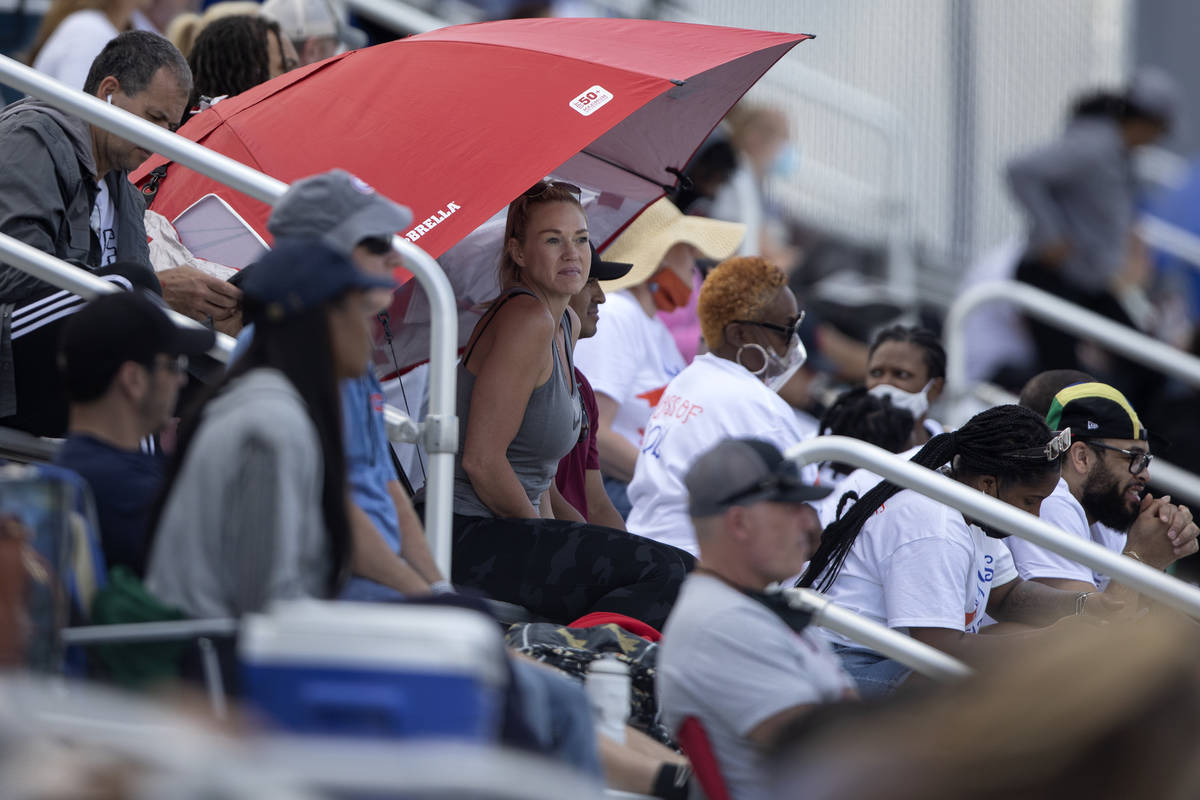 Fans shaded themselves with umbrellas during the class 5A Southern Region boys and girls track ...