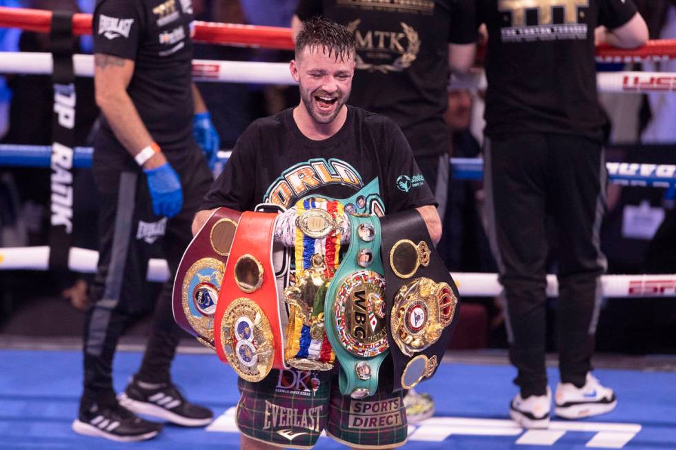 Josh Taylor celebrates after defeating JosŽ Ram’rez by unanimous decision during t ...