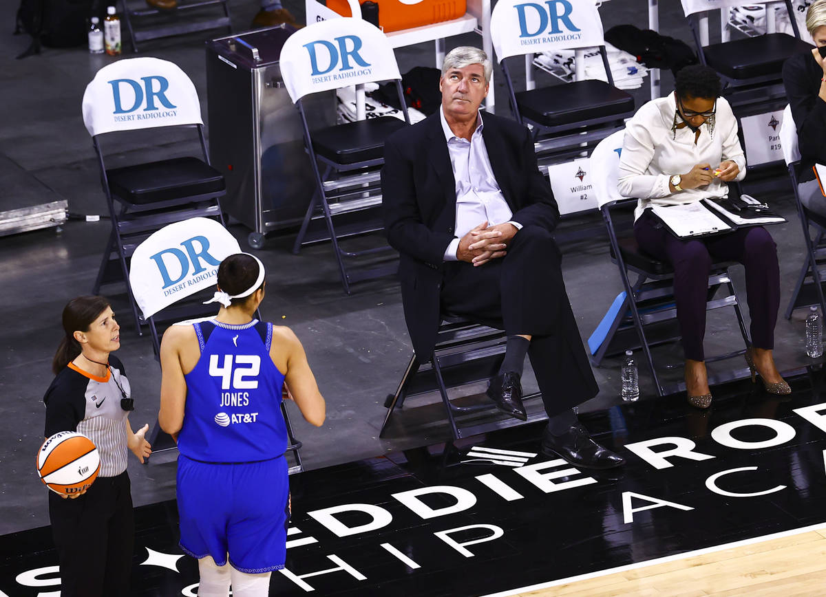 Las Vegas Aces head coach Bill Laimbeer looks on during the first quarter of a WNBA basketball ...