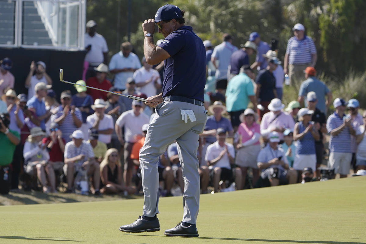 Phil Mickelson walks on the ninth green during the final round at the PGA Championship golf tou ...