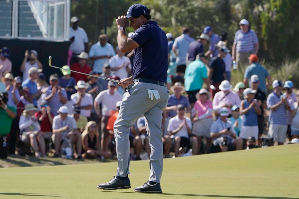 Phil Mickelson walks on the ninth green during the final round at the PGA Championship golf tou ...