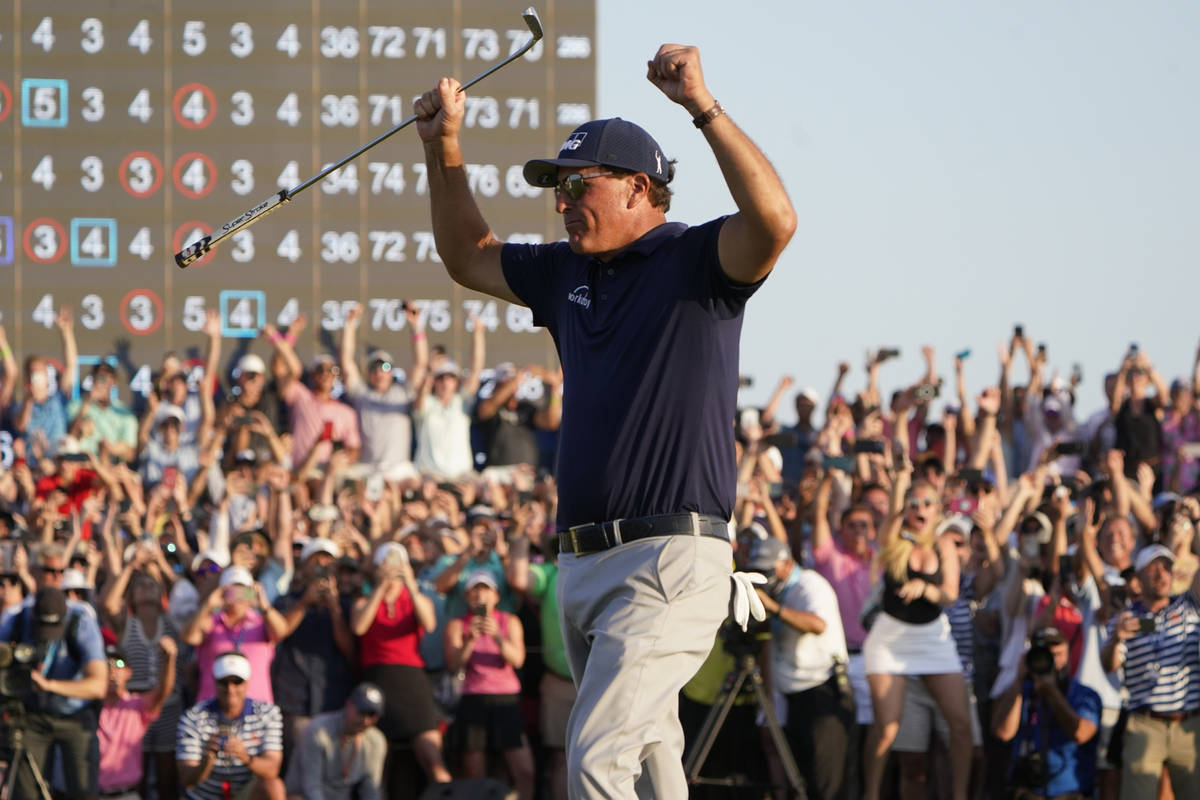 Phil Mickelson celebrates after winning the final round at the PGA Championship golf tournament ...