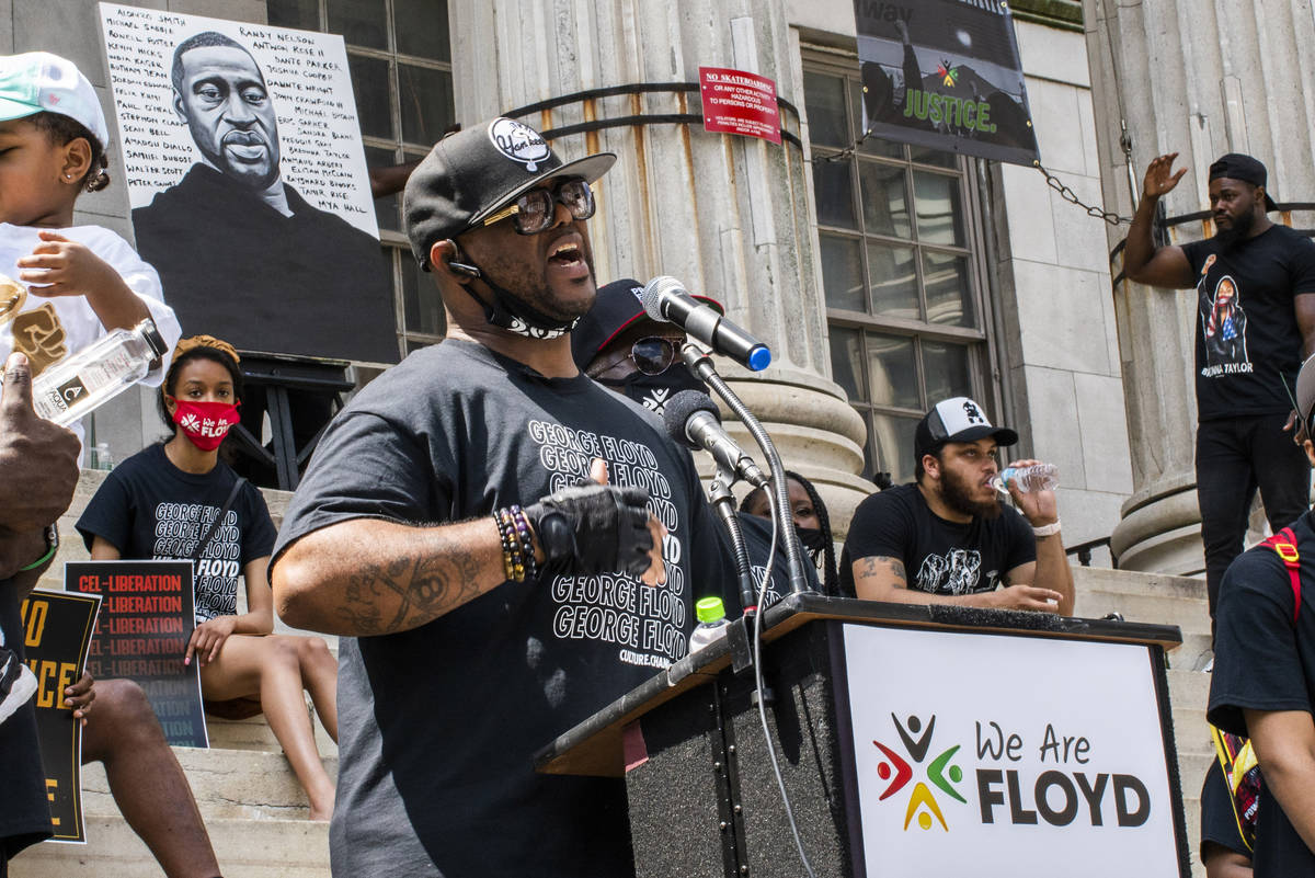 Terrence Floyd, brother of George Floyd, speaks during a rally on Sunday, May 23, 2021, in Broo ...