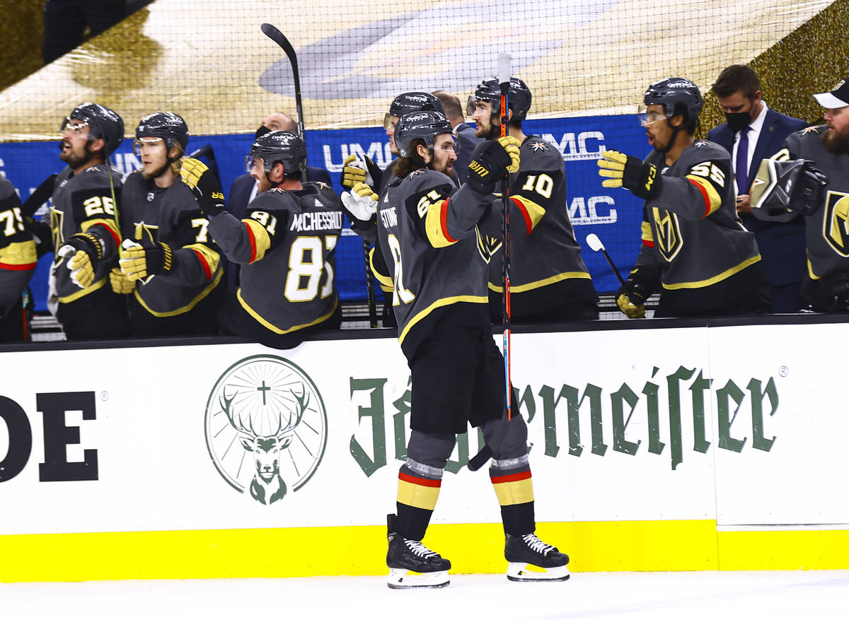 Golden Knights' Mark Stone (61) celebrates his goal against the Minnesota Wild during the first ...