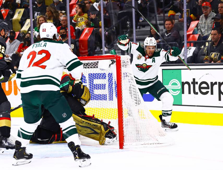 Minnesota Wild's Zach Parise (11) celebrates his goal against the Golden Knights during the fir ...