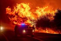 Flames lick above vehicles on Highway 162 as the Bear Fire burns in Oroville, Calif., in Septem ...