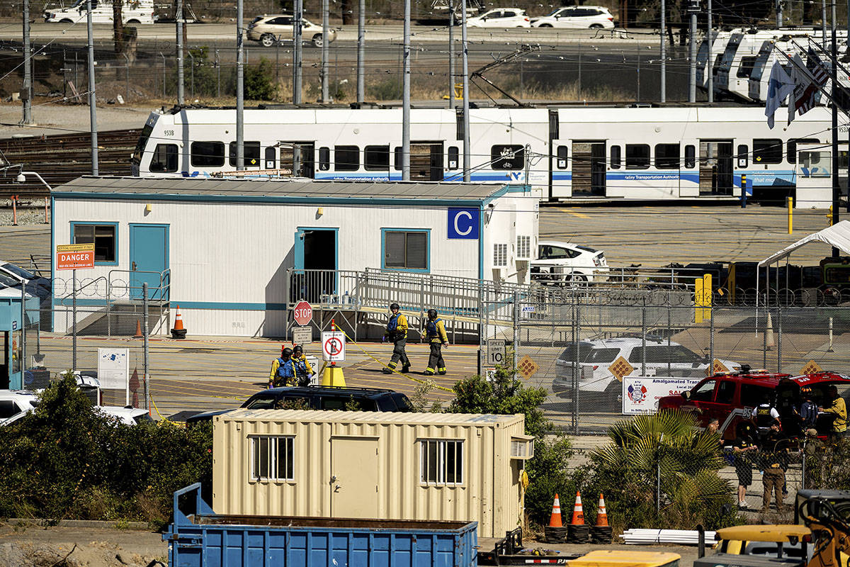 Emergency personnel respond to a shooting at a Santa Clara Valley Transportation Authority (VTA ...