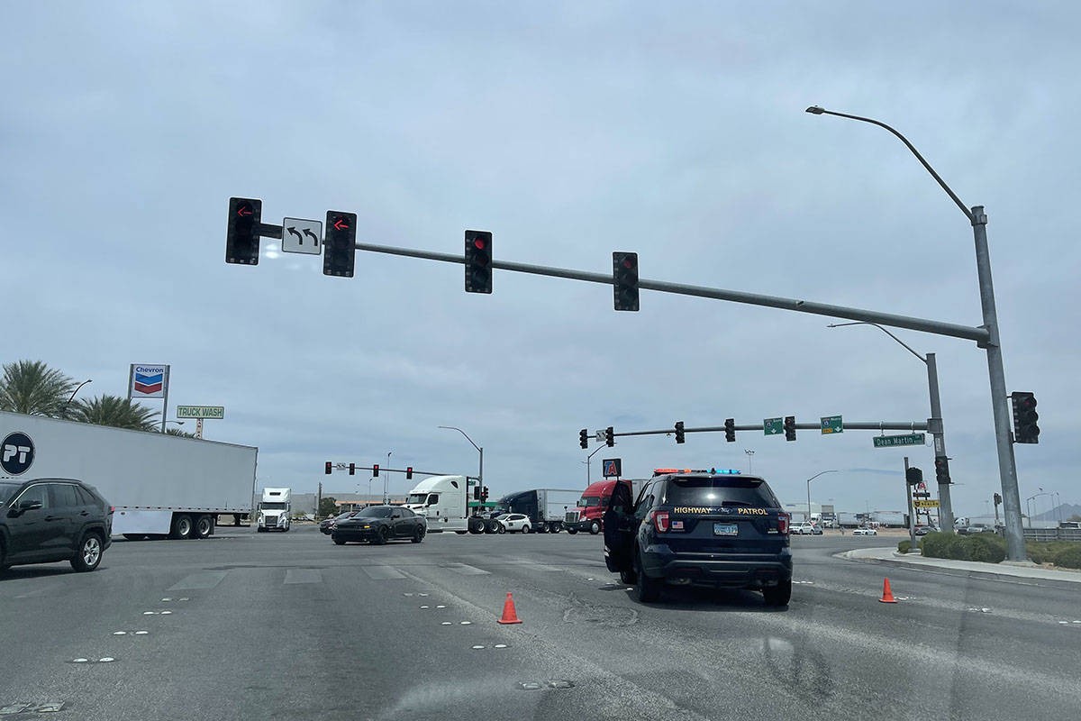 The northbound and southbound lanes of Dean Martin Drive are closed at Blue Diamond Road on Wed ...