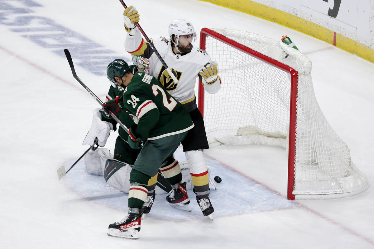 Vegas Golden Knights right wing Alex Tuch (89) is called for goalie interference on an apparent ...