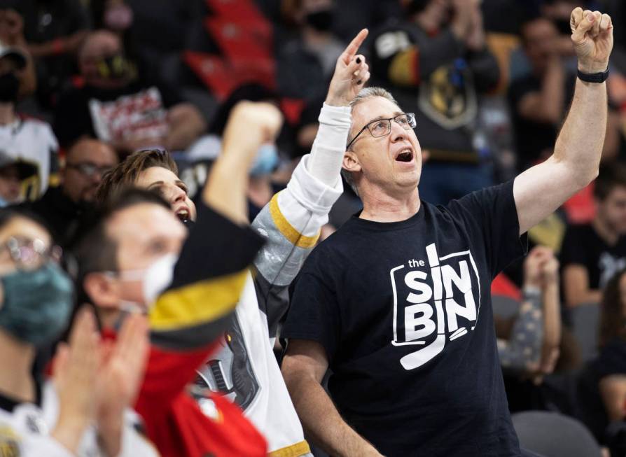 Henderson Silver Knights fans cheer after a goal in the first period during game 2 of the Pacif ...