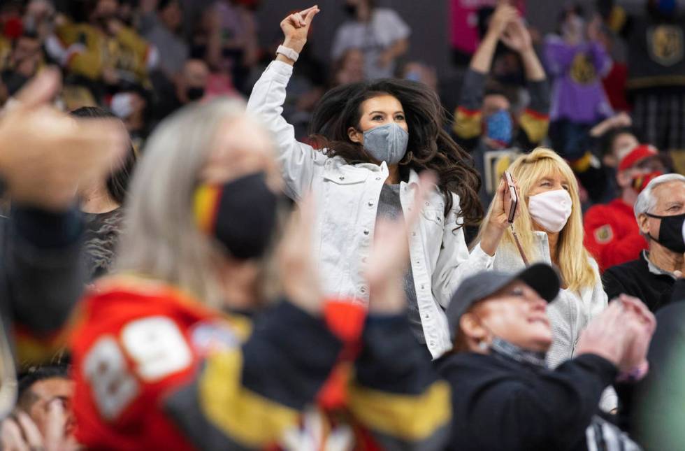 Henderson Silver Knights fans cheer after a goal in the second period during game 2 of the Paci ...