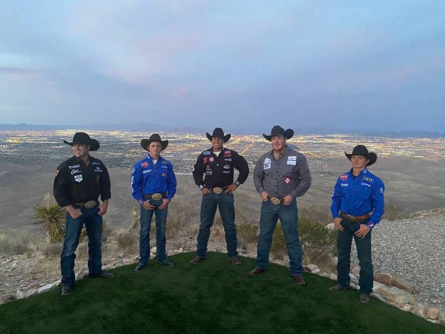Rodeo champs, from left, Kaycee Field, Stetson Wright, Shad Mayfield, Jacob Elder and Ryder Wri ...
