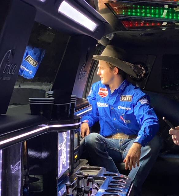 Stetson Wright is shown inside a Circa limousine during an NFR Las Vegas promotional tour Tuesd ...