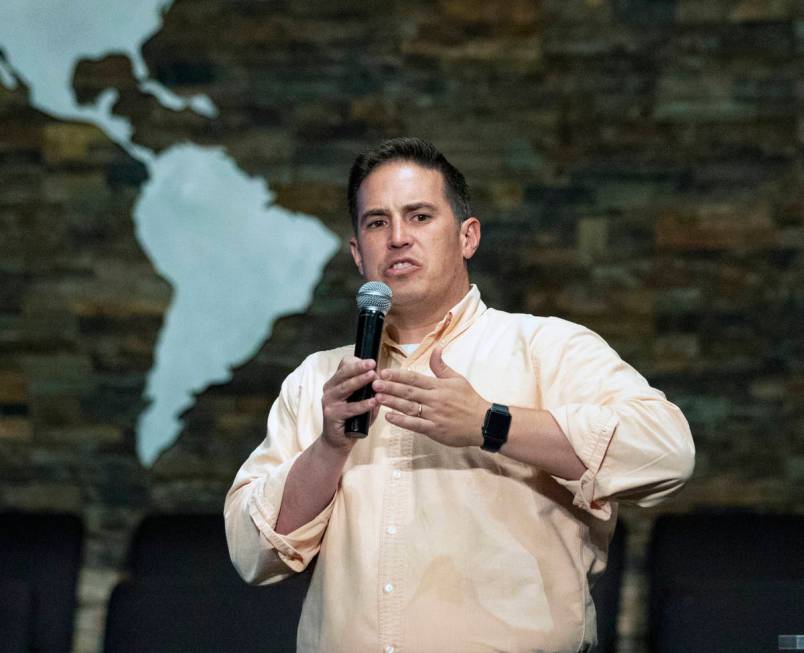 Matthew Teis, executive pastor at Liberty Baptist Church, speaks during a pancake breakfast eve ...