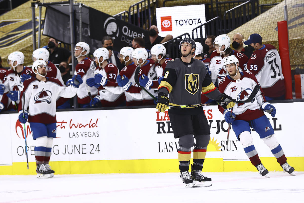 Golden Knights' Brayden McNabb (3) watches a replay after the team gave up a goal to Colorado A ...