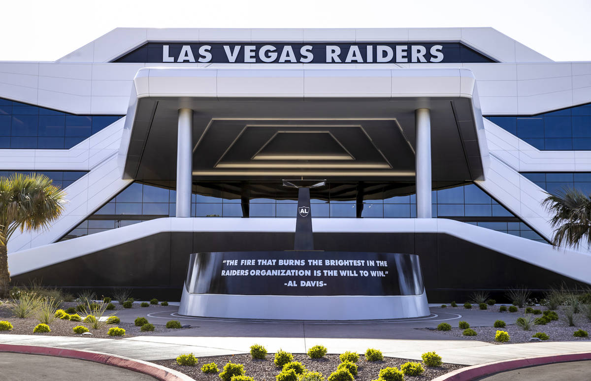 Front entrance of the Las Vegas Raiders headquarters on Wednesday, April 14, 2021 in Henderson. ...