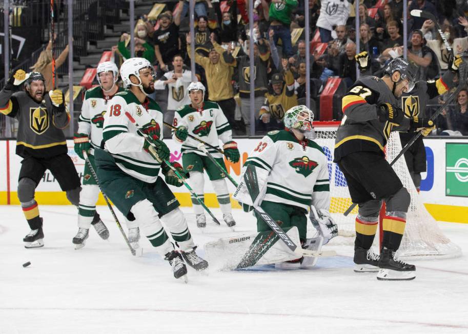 Vegas Golden Knights left wing Max Pacioretty (67) scores on Minnesota Wild goaltender Cam Talb ...