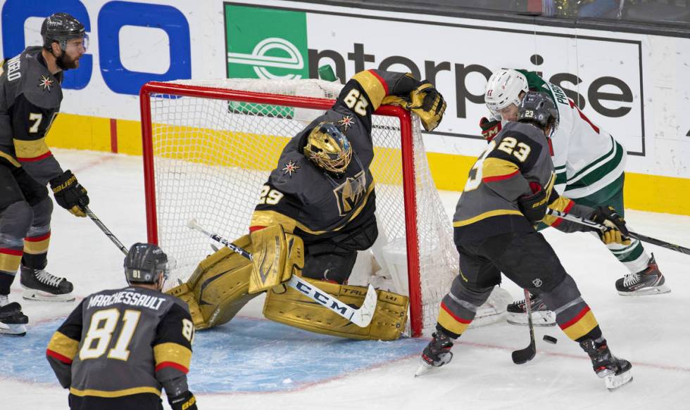 Vegas Golden Knights goaltender Marc-Andre Fleury (29) makes a save against Minnesota Wild left ...