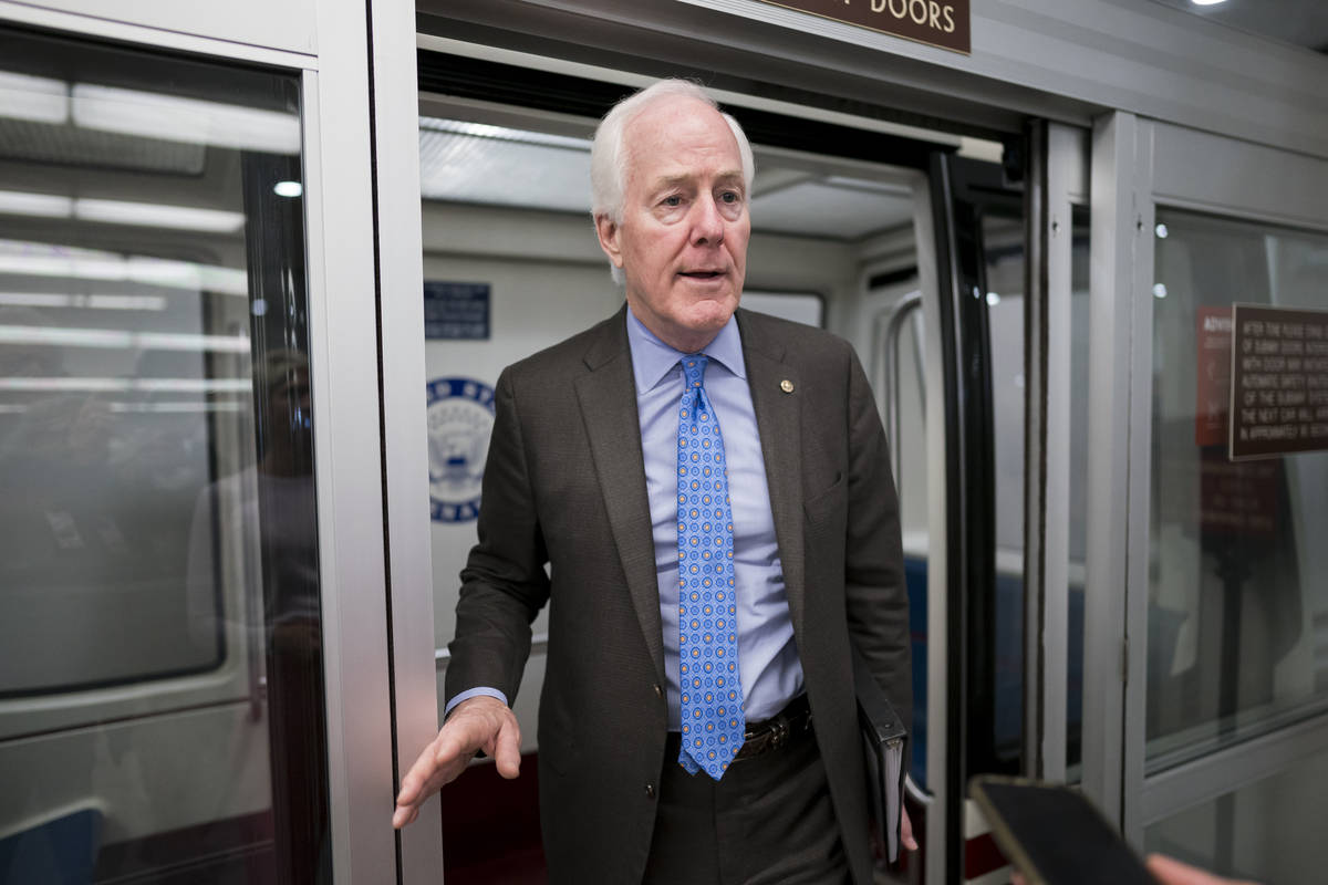 In this May 26, 2021, photo, Sen. John Cornyn, R-Texas, speaks to reporters at the Capitol in W ...