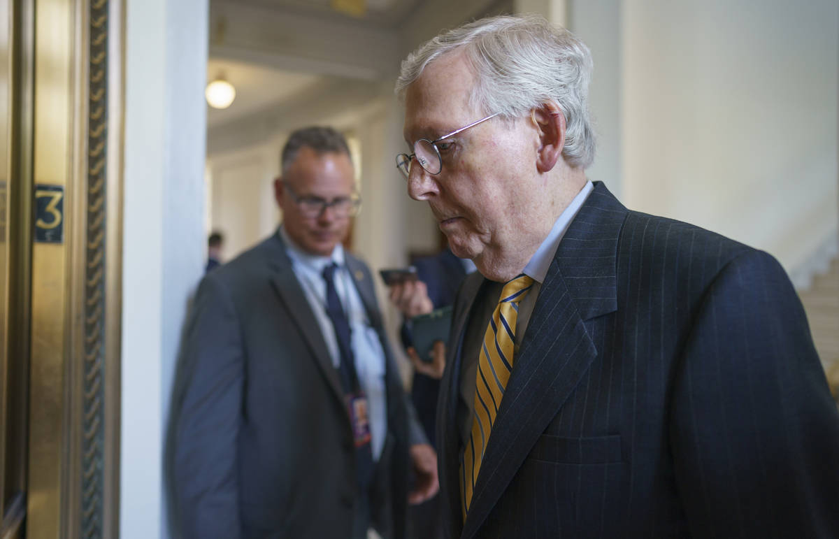 In this May 26, 2021, photo, Senate Minority Leader Mitch McConnell, R-Ky., leaves a GOP lunch ...