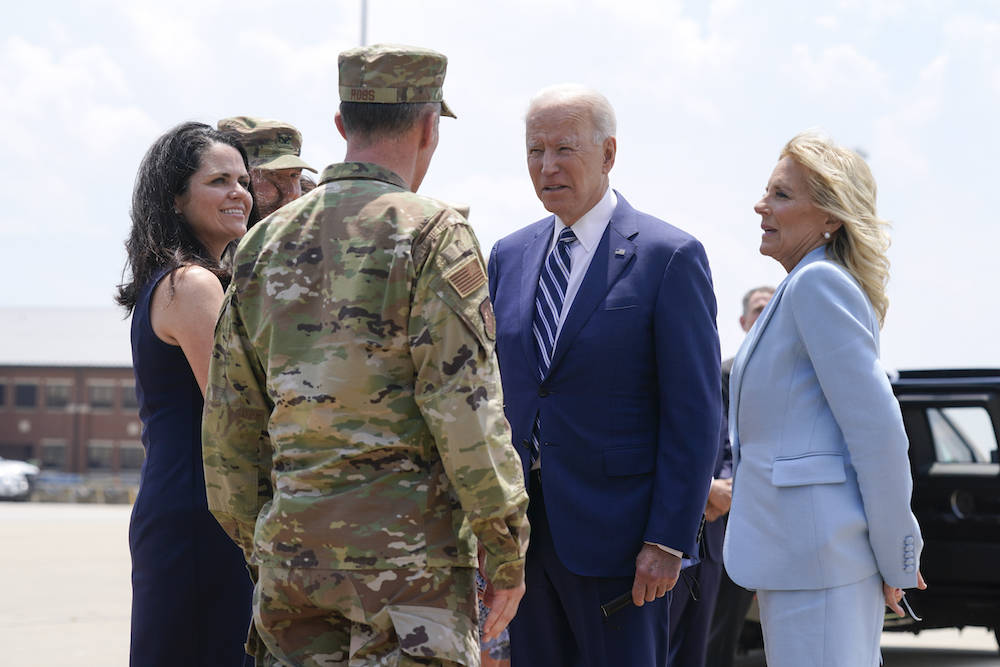 President Joe Biden and first lady Jill Biden speak to service members as they arrive at Joint ...