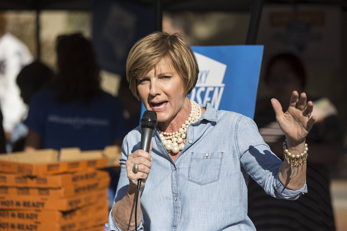 Susie Lee speaks during a rally hosted by the Nevada State Democratic Party. (Benjamin Hager/La ...