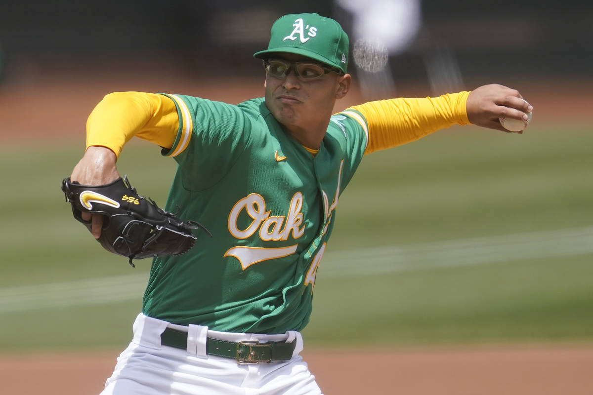 Oakland Athletics' Jesus Luzardo pitches against the Baltimore Orioles during a baseball game i ...