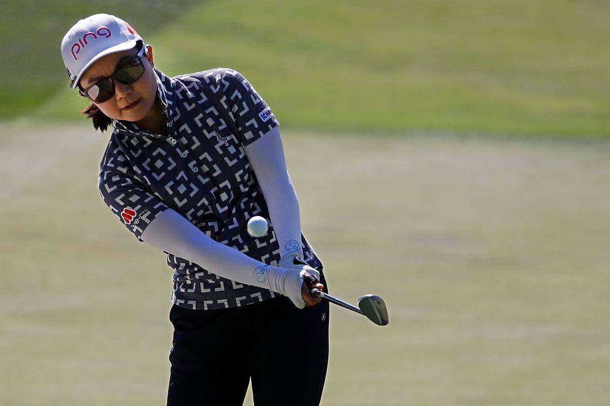 Ayako Uehara of Japan chips onto the first green during the third round of the Bank of Hope LPG ...