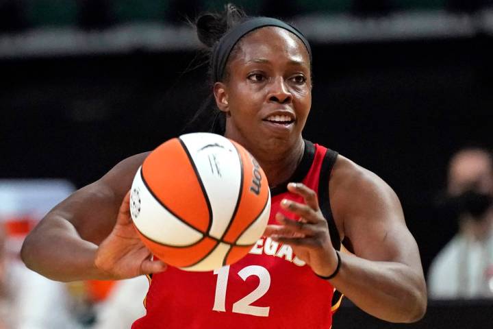 Las Vegas Aces' Chelsea Gray in action against the Seattle Storm during WNBA basketball game Sa ...