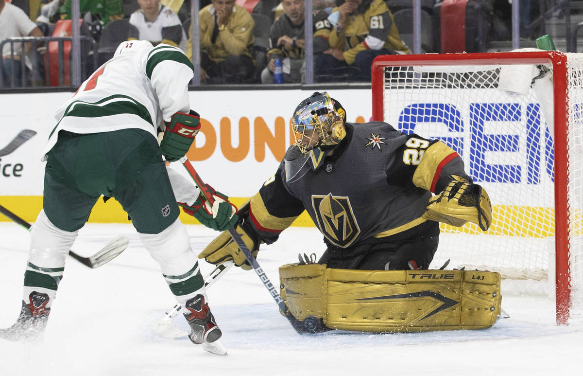 Vegas Golden Knights goaltender Marc-Andre Fleury (29) makes a save against Minnesota Wild left ...