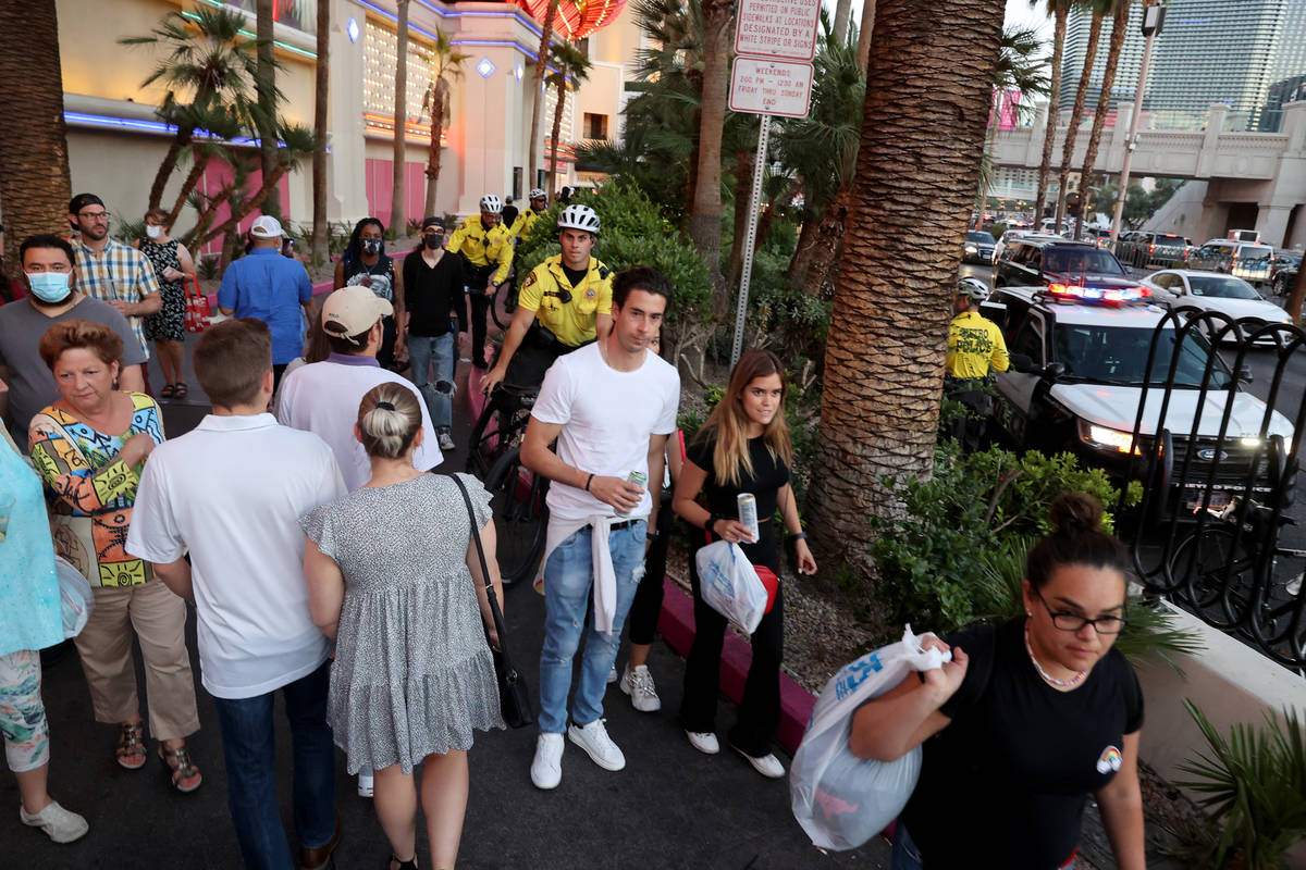 Crowds in front of the Flamingo on the Strip in Las Vegas Friday, May 28, 2021. (K.M. Cannon/La ...
