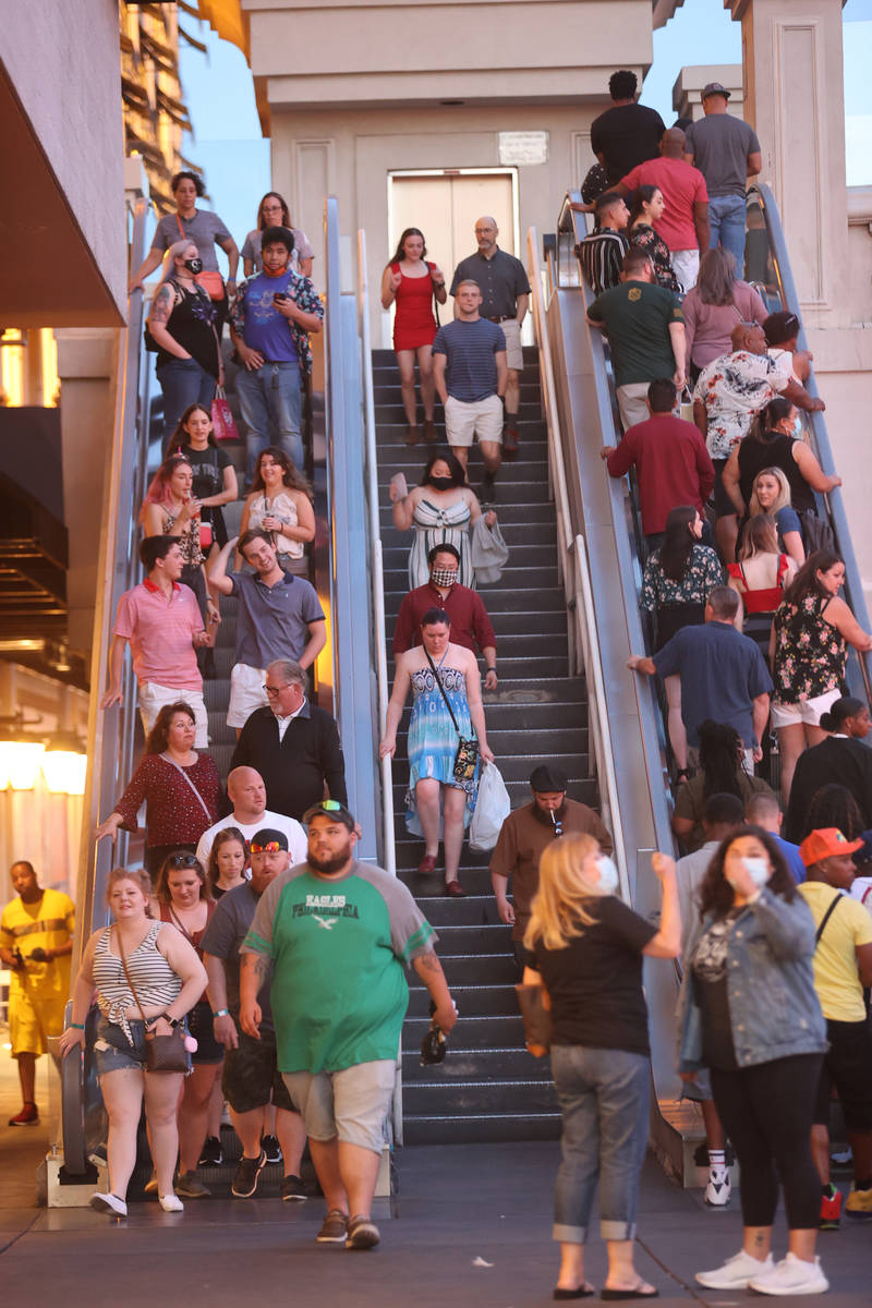 Crowds in front of The Cromwell on the Strip in Las Vegas Friday, May 28, 2021. (K.M. Cannon/La ...
