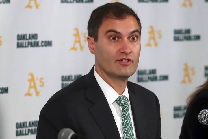 Oakland Athletics President Dave Kaval, center, speaks beside Oakland Mayor Libby Schaaf, right ...