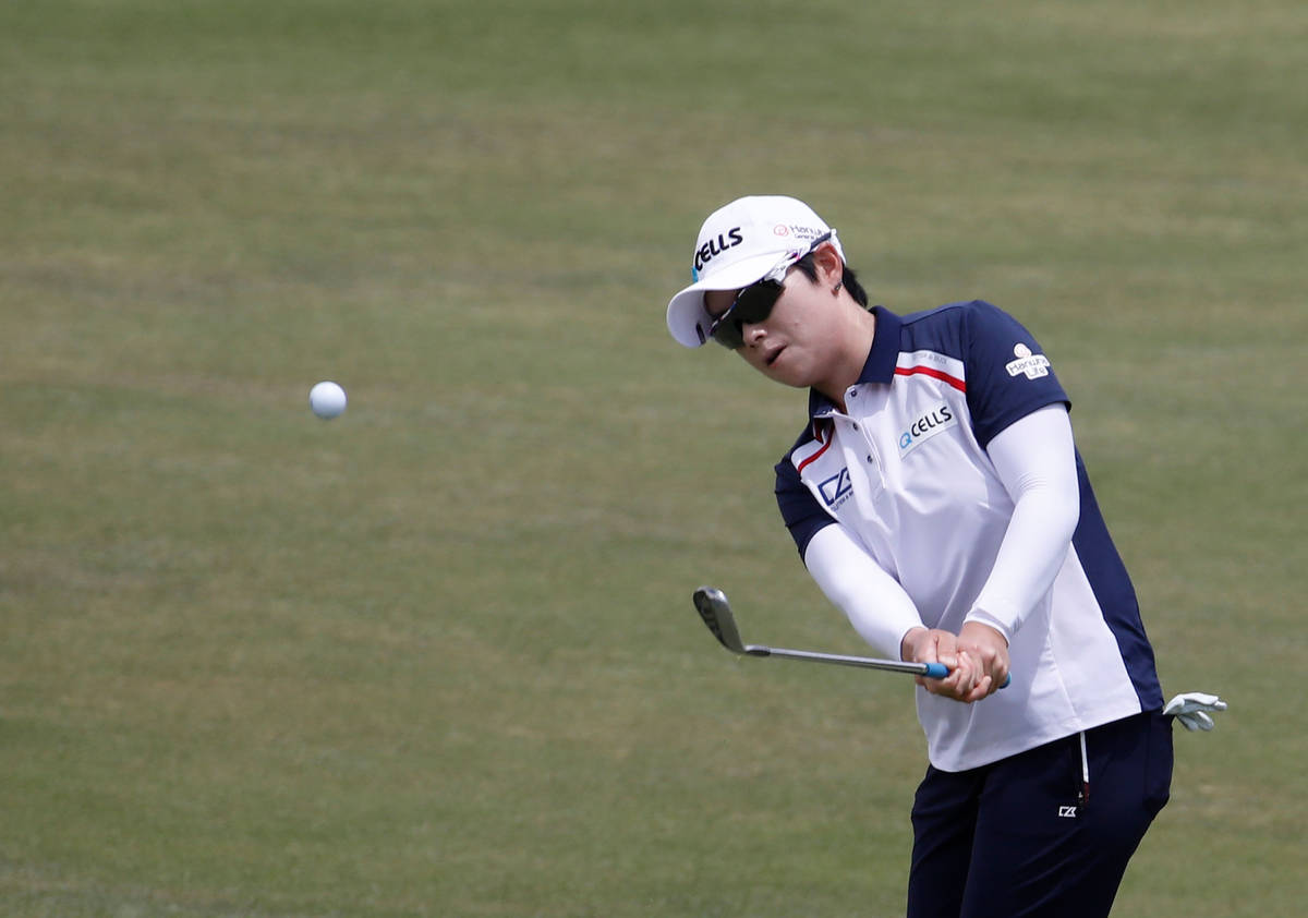 Eun-Hee Ji chips onto the first green during the quarter final round of the Bank of Hope LPGA M ...