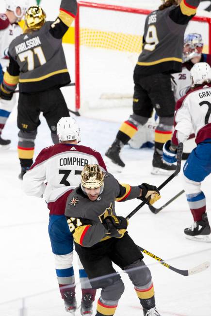 Golden Knights left wing Max Pacioretty (67) turns around to celebrate after scoring a goal aga ...