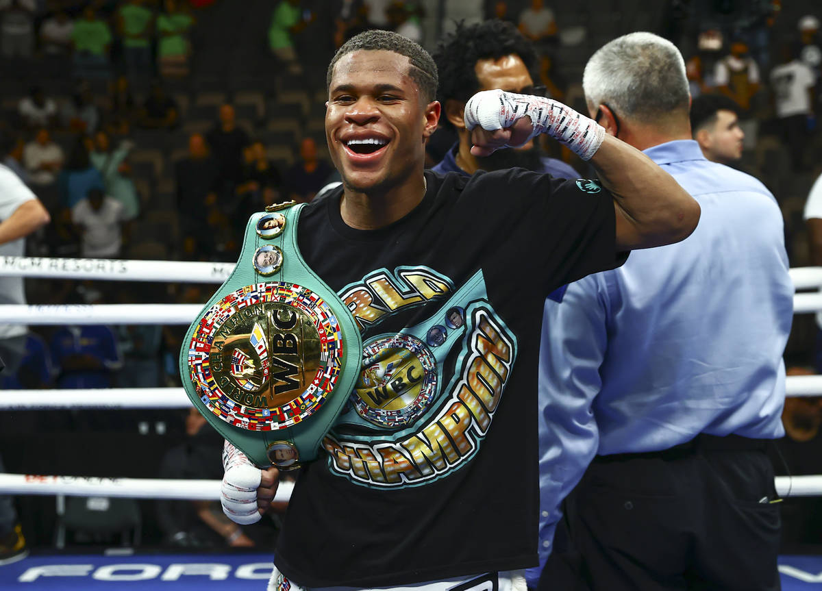 Devin Haney celebrates after defeating Jorge Linares by unanimous decision in the WBC lightweig ...