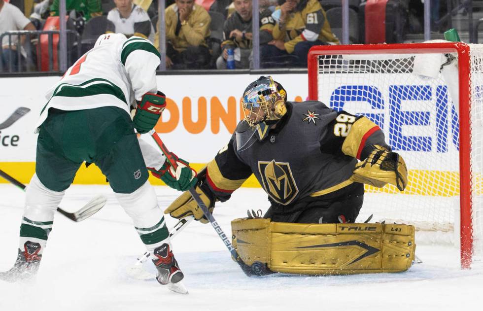 Vegas Golden Knights goaltender Marc-Andre Fleury (29) makes a save against Minnesota Wild left ...