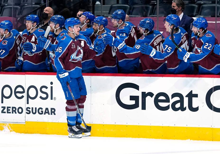 Colorado Avalanche right wing Mikko Rantanen (96) celebrates goal against the Vegas Golden Knig ...