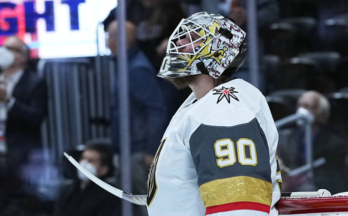 Vegas Golden Knights goaltender Robin Lehner (90) looks on after giving up a goal to the Colora ...