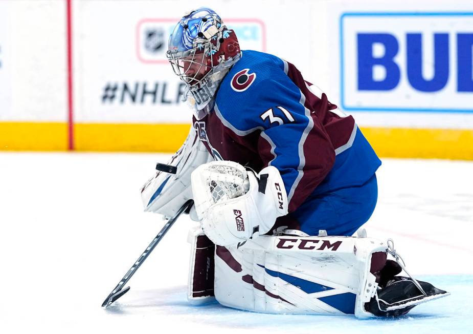 Colorado Avalanche goaltender Philipp Grubauer (31) blocks a shot against the Vegas Golden Knig ...